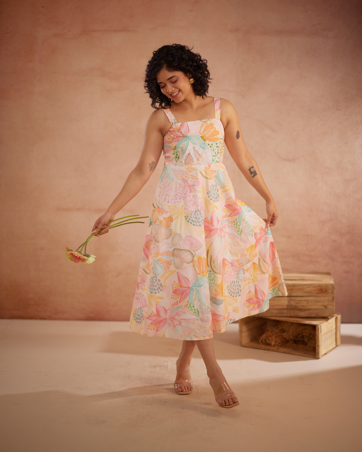 Lylaa Hand-Embroidered Floral Midi Dress