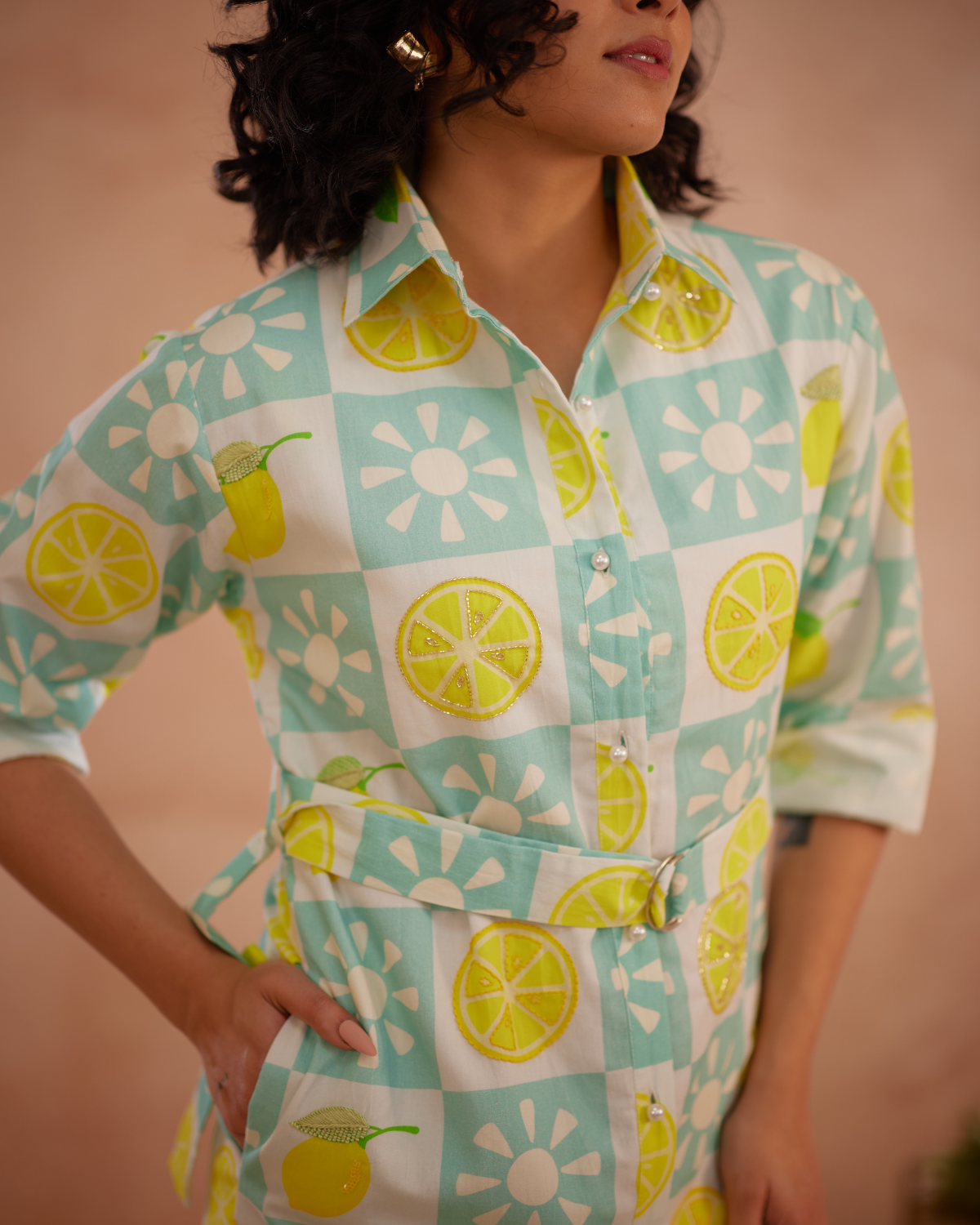 Lumii Hand-Embroidered Lemon Shirt Dress