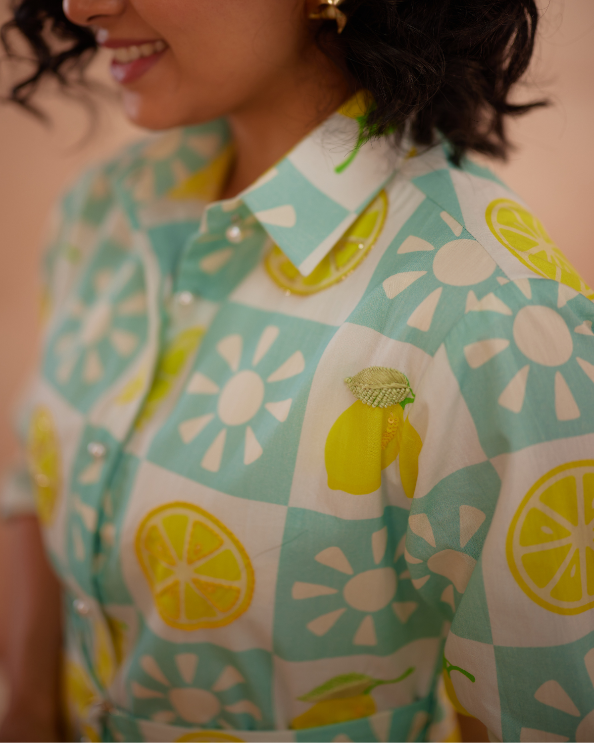 Lumii Hand-Embroidered Lemon Shirt Dress