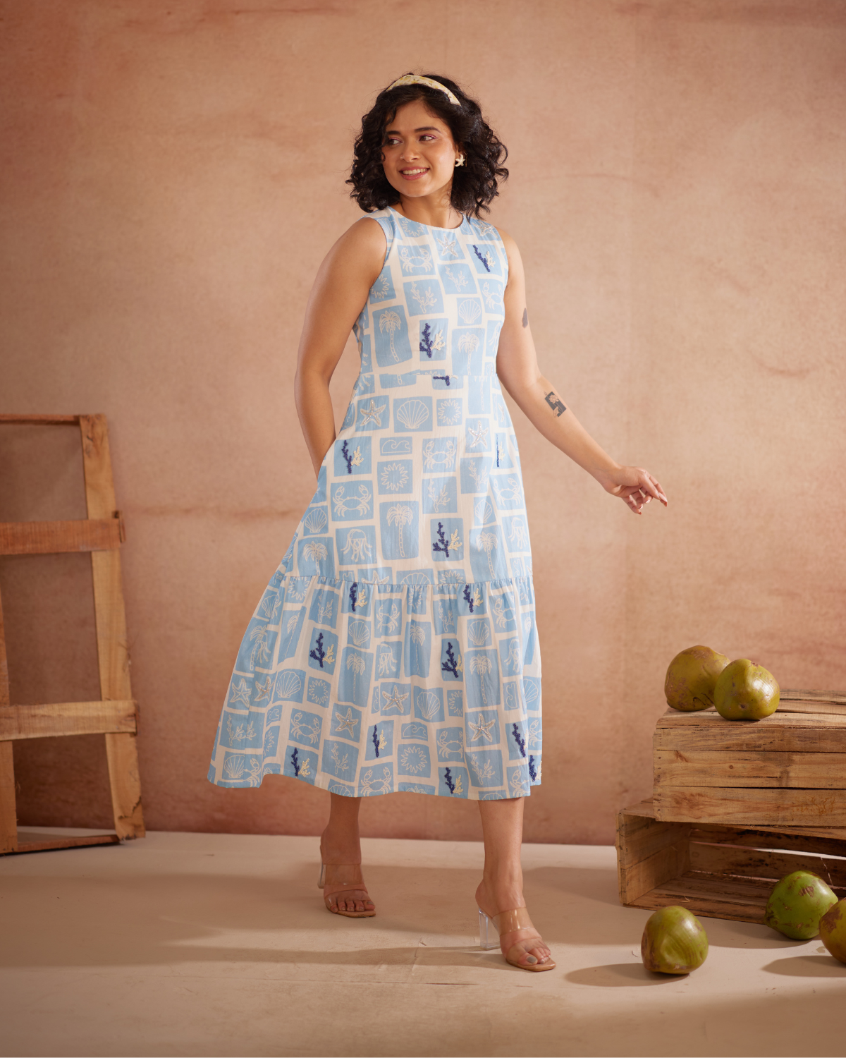 Nira Hand-Embroidered Coastal Midi Dress