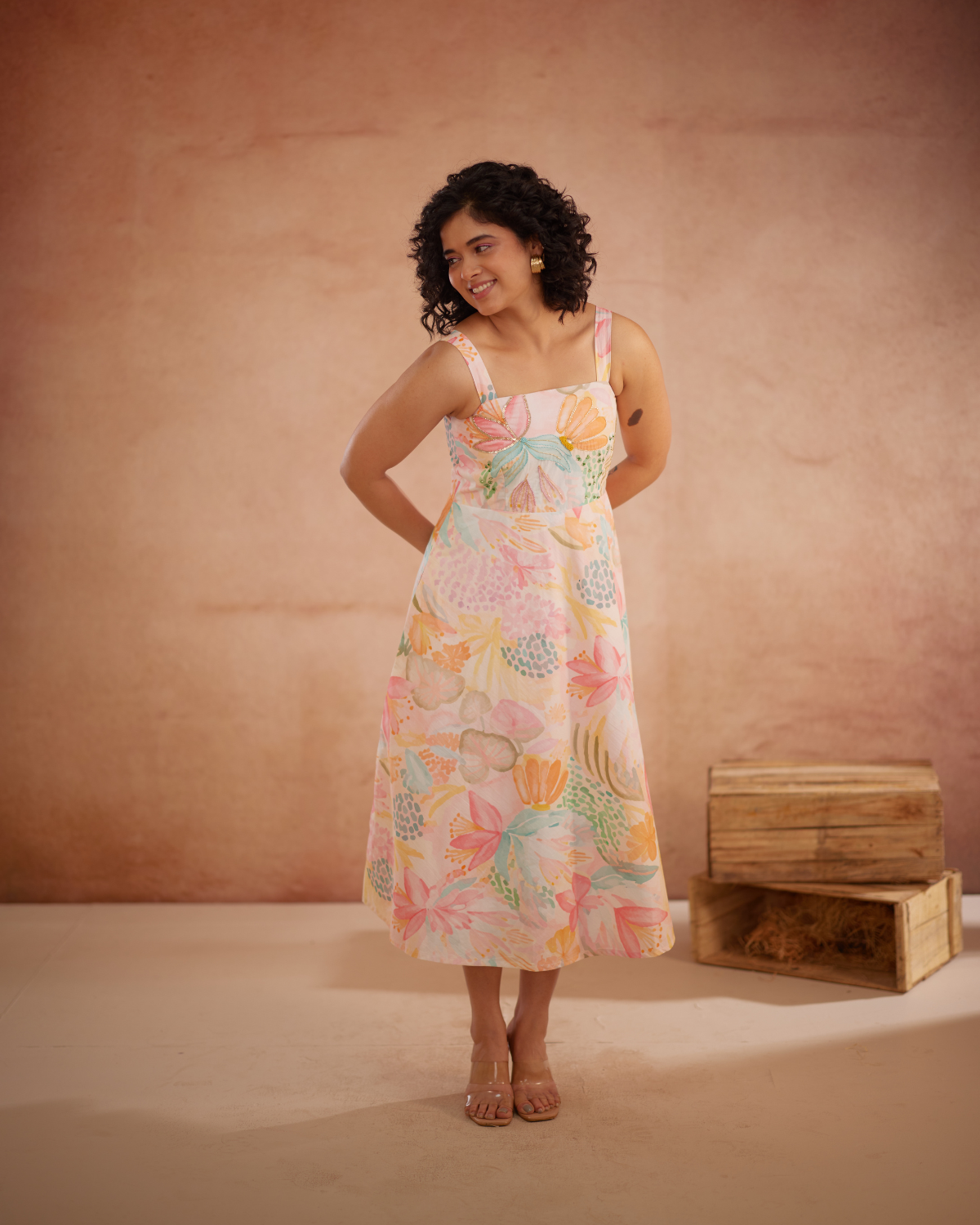 Lylaa Hand-Embroidered Floral Midi Dress