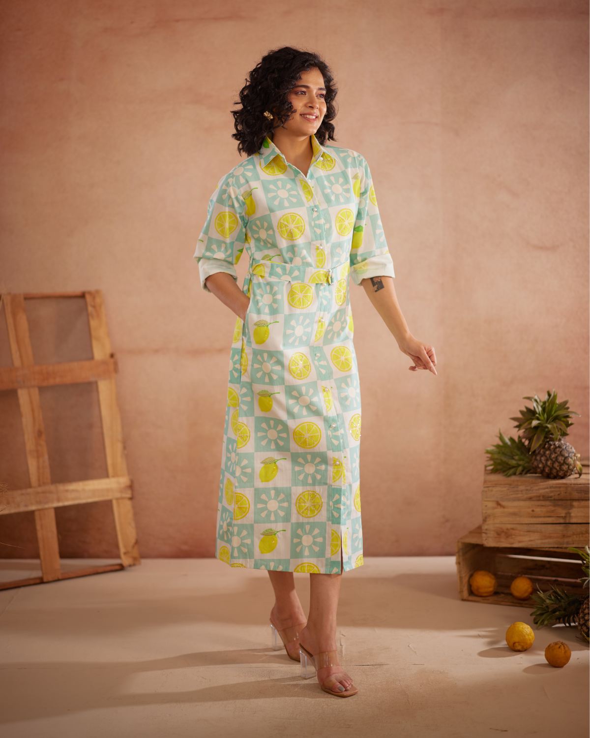 Lumii Hand-Embroidered Lemon Shirt Dress