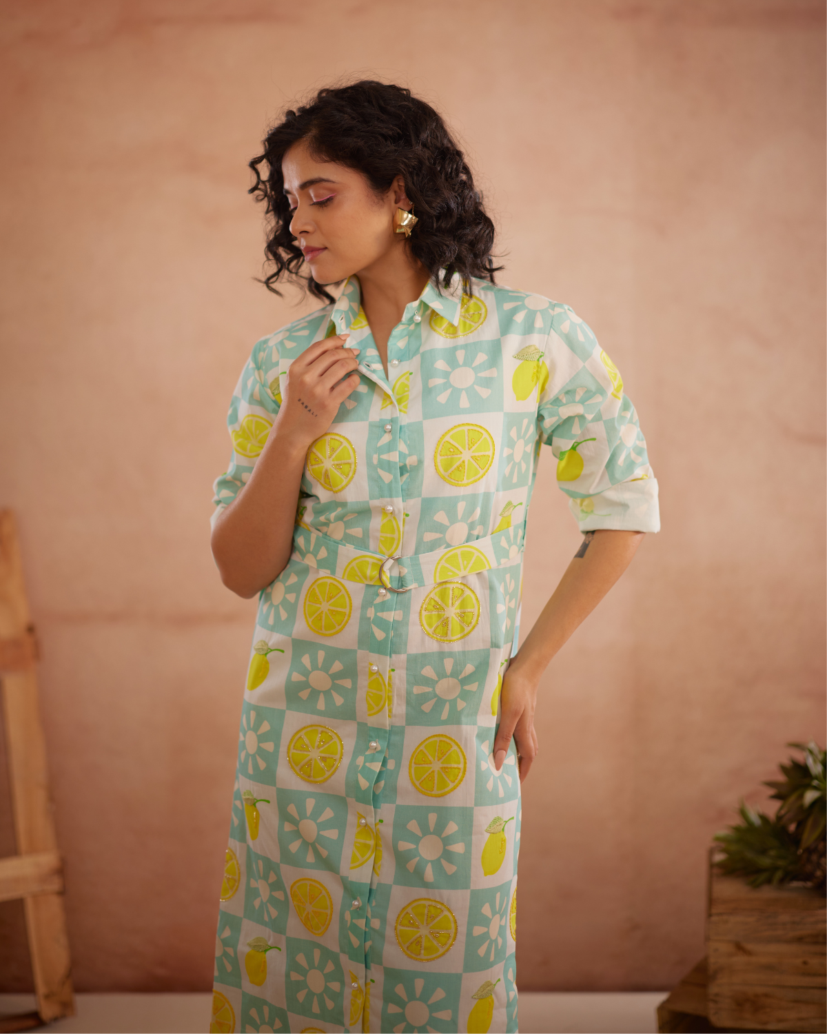 Lumii Hand-Embroidered Lemon Shirt Dress